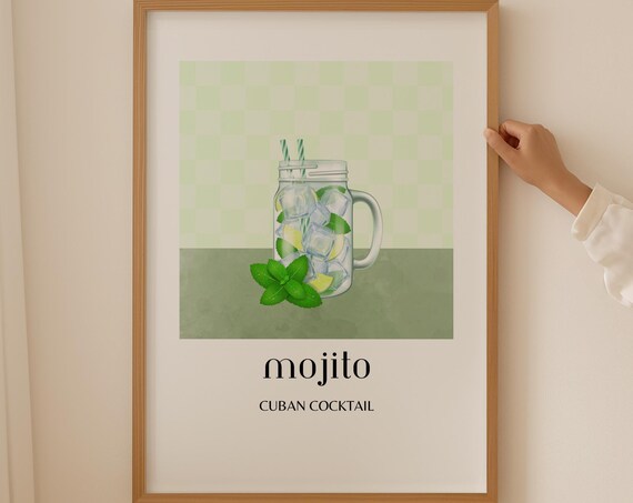 Mojito Cuban Cocktail Mason Jar Mint Ice Kitchen Bar Cart Print