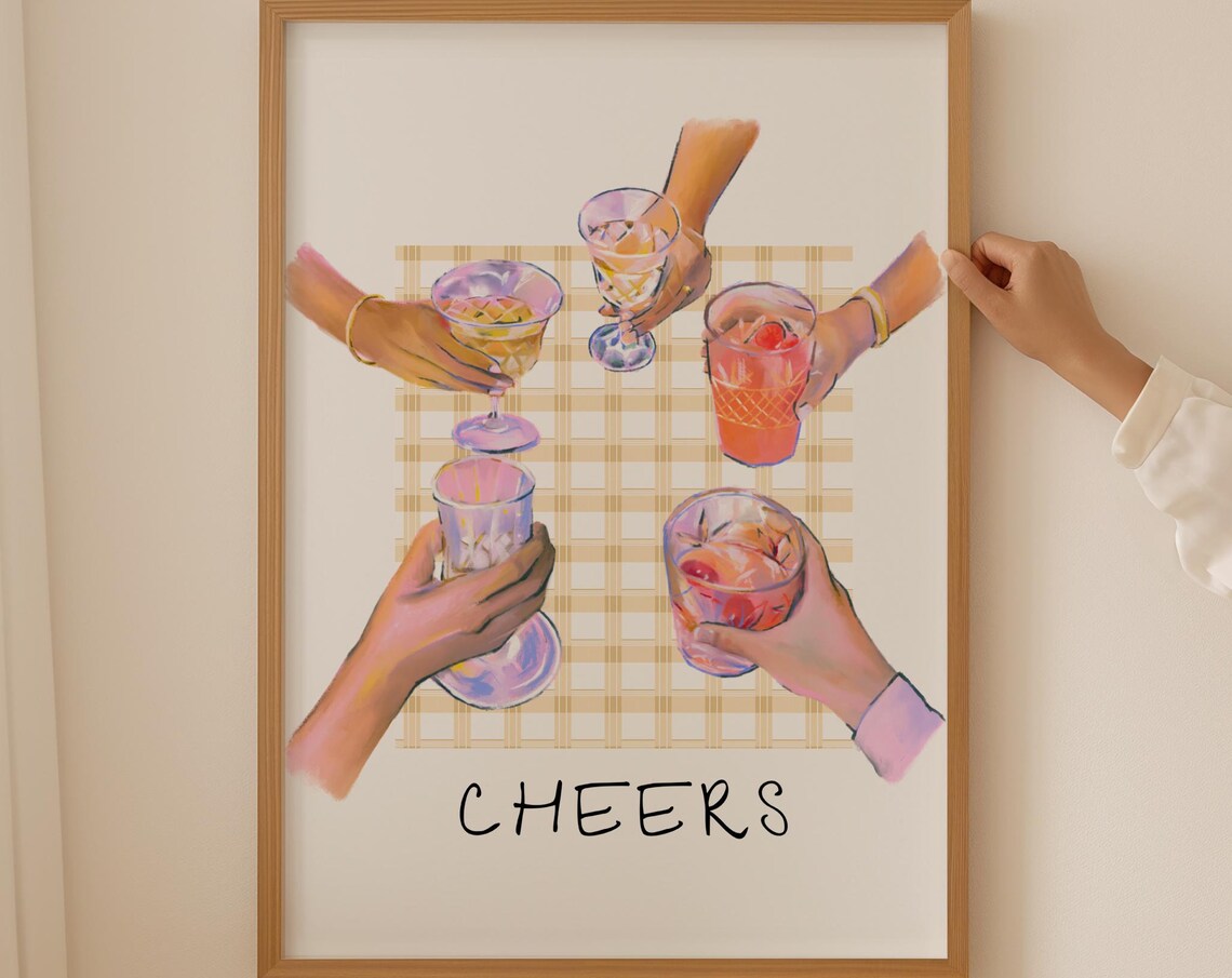 Cheers Five Friends Toasting Cocktails Watercolor Party Poster