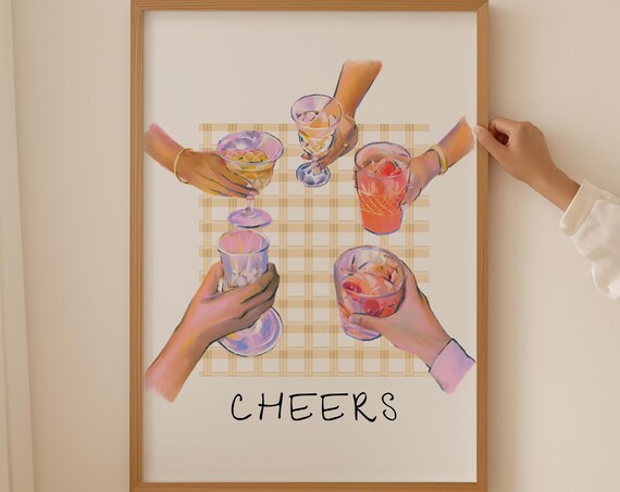 Cheers Five Friends Toasting Cocktails Watercolor Party Poster