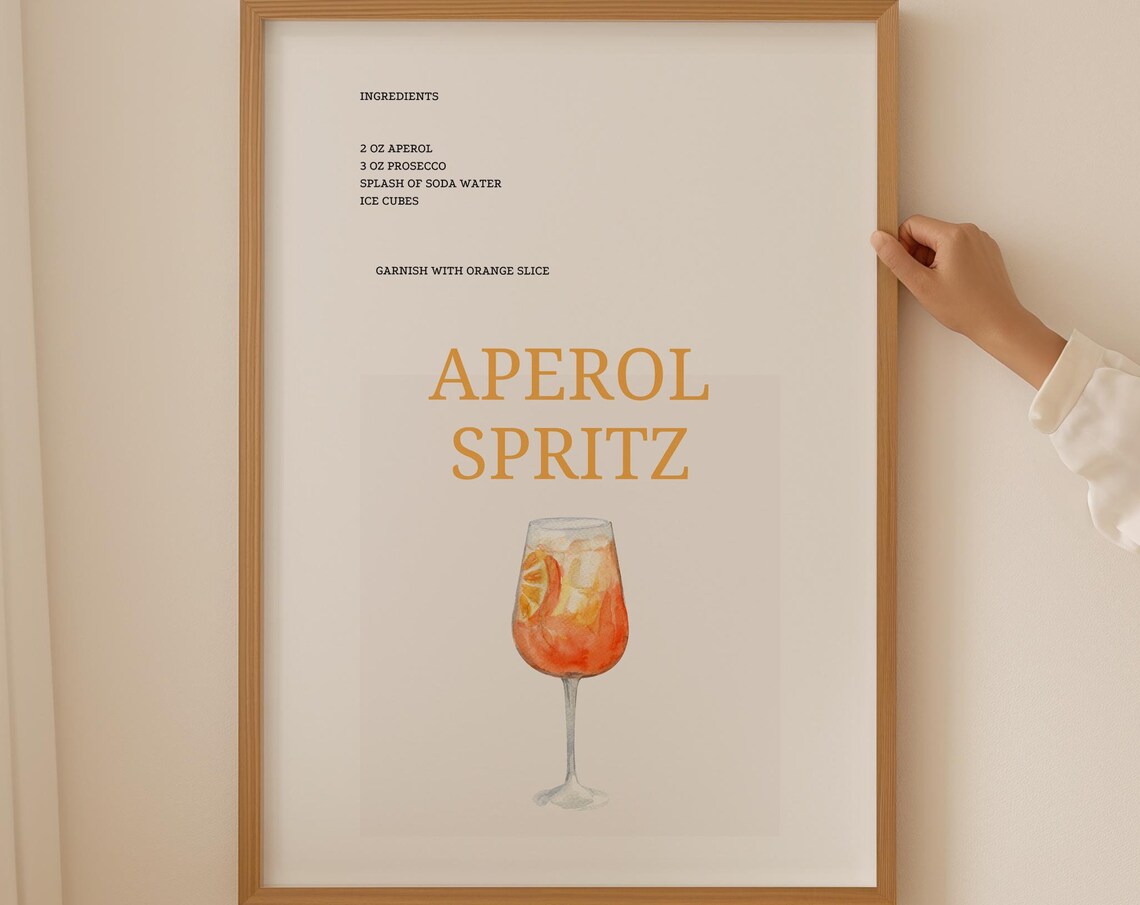 Aperol Spritz Cocktail Recipe Watercolor Glass Bar Decor Art Poster