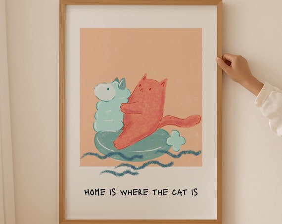 Home Is Where The Cat Is Print Baby Animal Pink Blue Wall Art Boho Cat Swimming Tropical Beach Posters Coastal Prints Living Room Decor