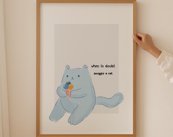 Cat Art Watercolor Print Light Blue Minimalist Wall Art Modern Ice Cream Sign Baby Nursery Room Decor Aesthetic Poster Cat Themed Gifts