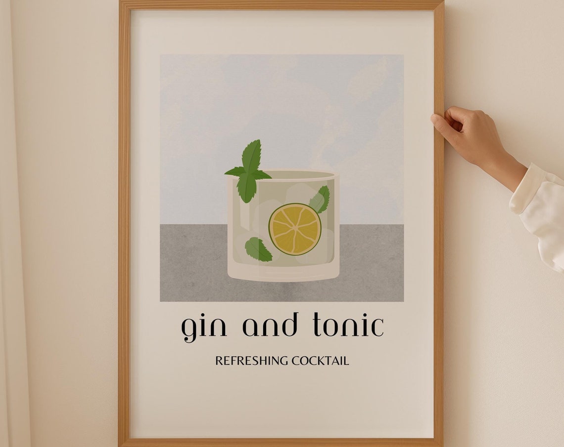 Gin And Tonic Classic Refreshing Cocktail Lime Mint Bar Print