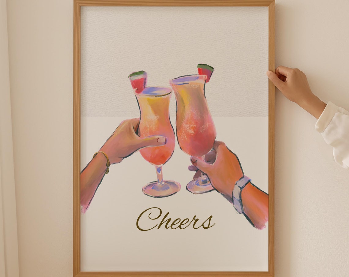 Cheers Cocktail Toast Watercolor Two Raised Hands Bar Party Poster