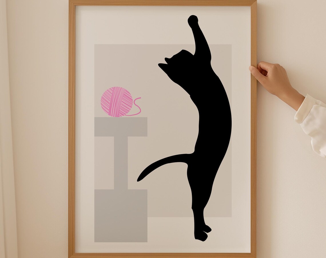 Black Cat Stretching Tall for Pink Yarn Ball Minimalist Poster