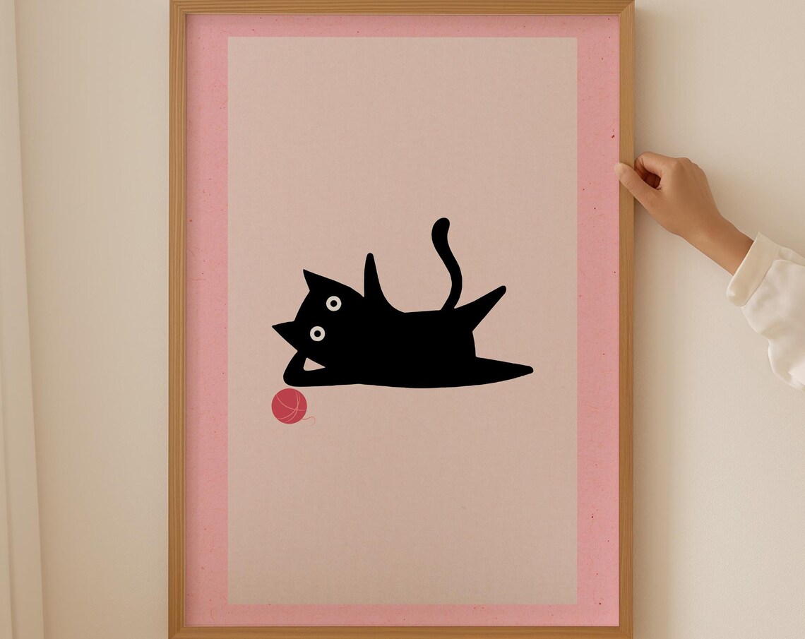 Minimalist Black Cat with Red Yarn Ball on Pink Border Art Poster - Image 5