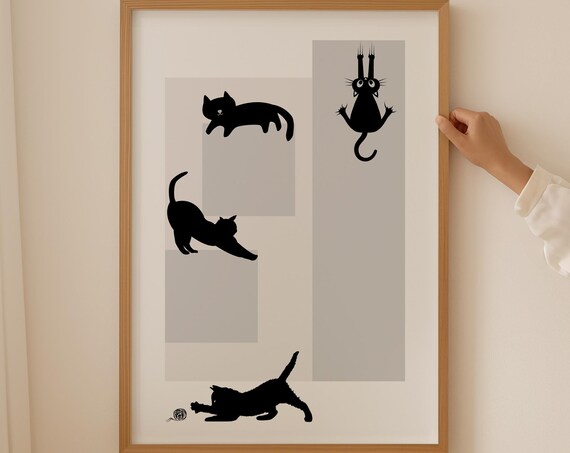 Abstract Black Cat Wall Art Cat Poster Animal Prints Trendy Posters Nursery Decor Cat Lover Minimalist Print Gray Geometric Poster