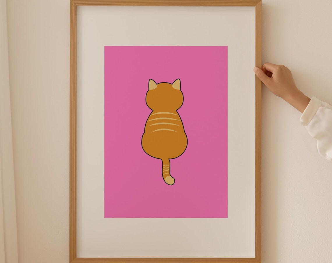 Orange Tabby Cat Back View on Bright Pink Minimalist Art Poster