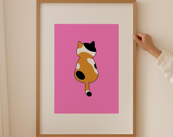 Calico Cat Back View on Pink Minimalist Pop Art Style Poster
