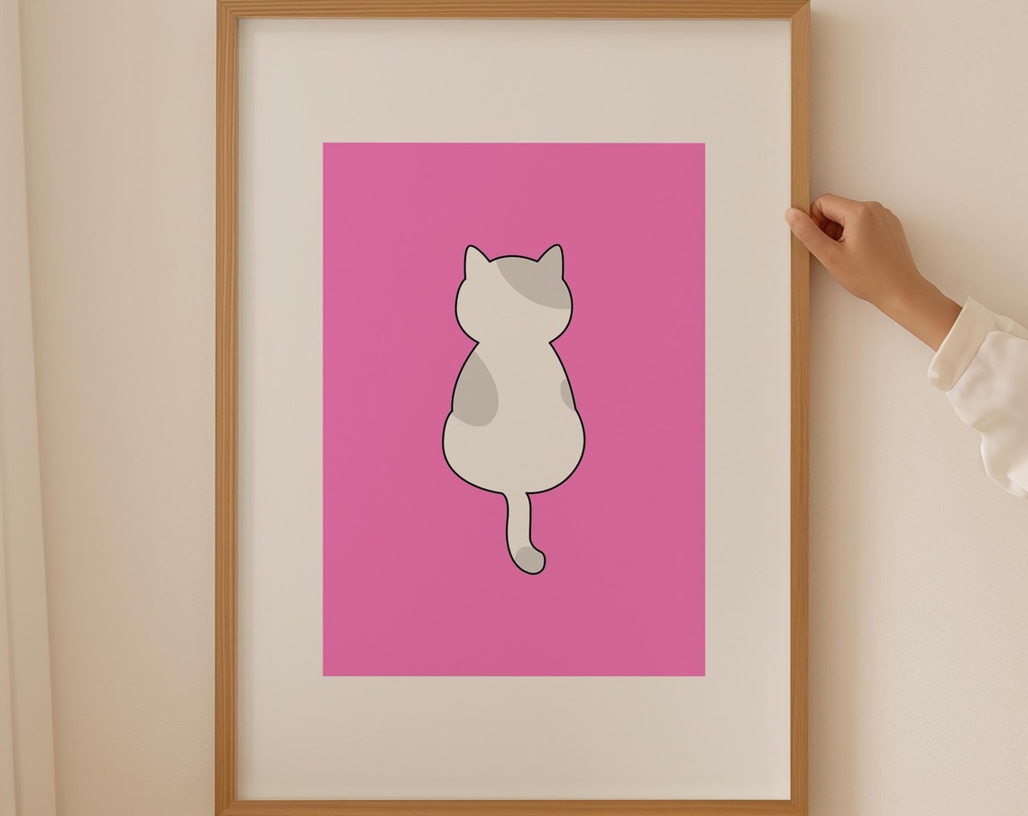 White Cat Back View Simple Minimalist Line Drawing Pink Poster