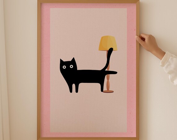 Minimalist Black Cat Silhouette Lamp Pink Frame Modern Poster