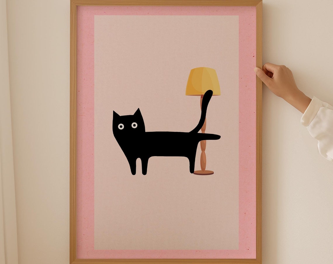 Minimalist Black Cat Silhouette Lamp Pink Frame Modern Poster