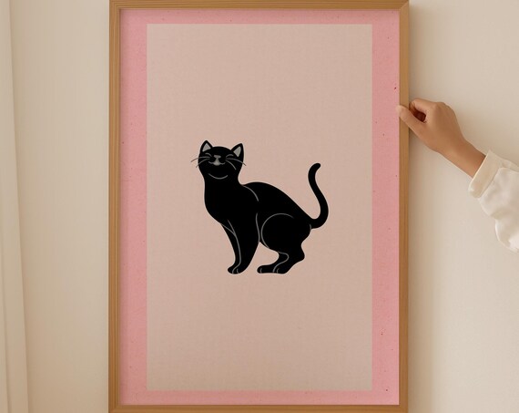Minimalist Black Cat Silhouette Pink Line Art Cute Kitty Poster