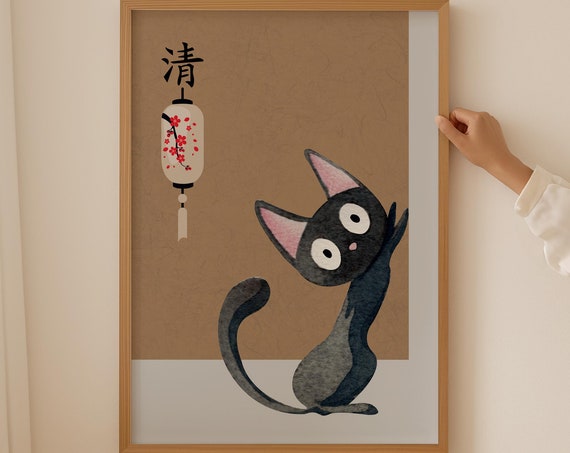 Japanese Cat Vintage Posters Cat Poster Funny Watercolor Print Mid Century Japandi Paint Woodblock Prints Wabi Sabi Living Room Decor