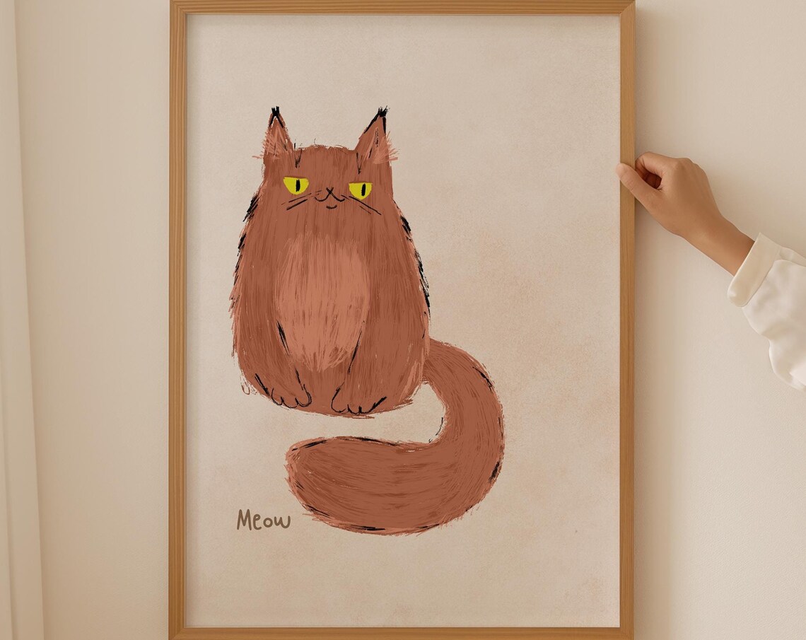 Fluffy Ginger Cat With Yellow Eyes Meow Beige Nursery Art Print