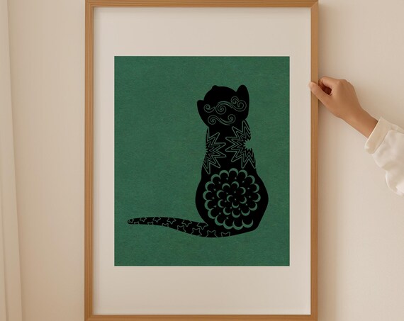 Scandinavian Black Cat Art Matisse Floral Prints Sage Green Botanical Poster Boho Posters Flower Bedroom Print Scandinavian Modern Decor