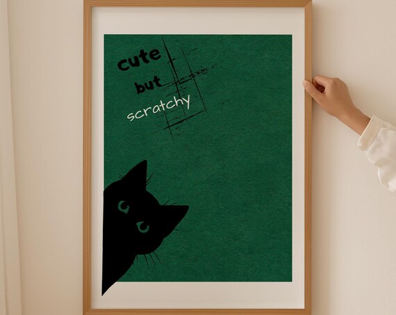 Cute but Scratchy Black Cat Face on Deep Green Scratch Poster