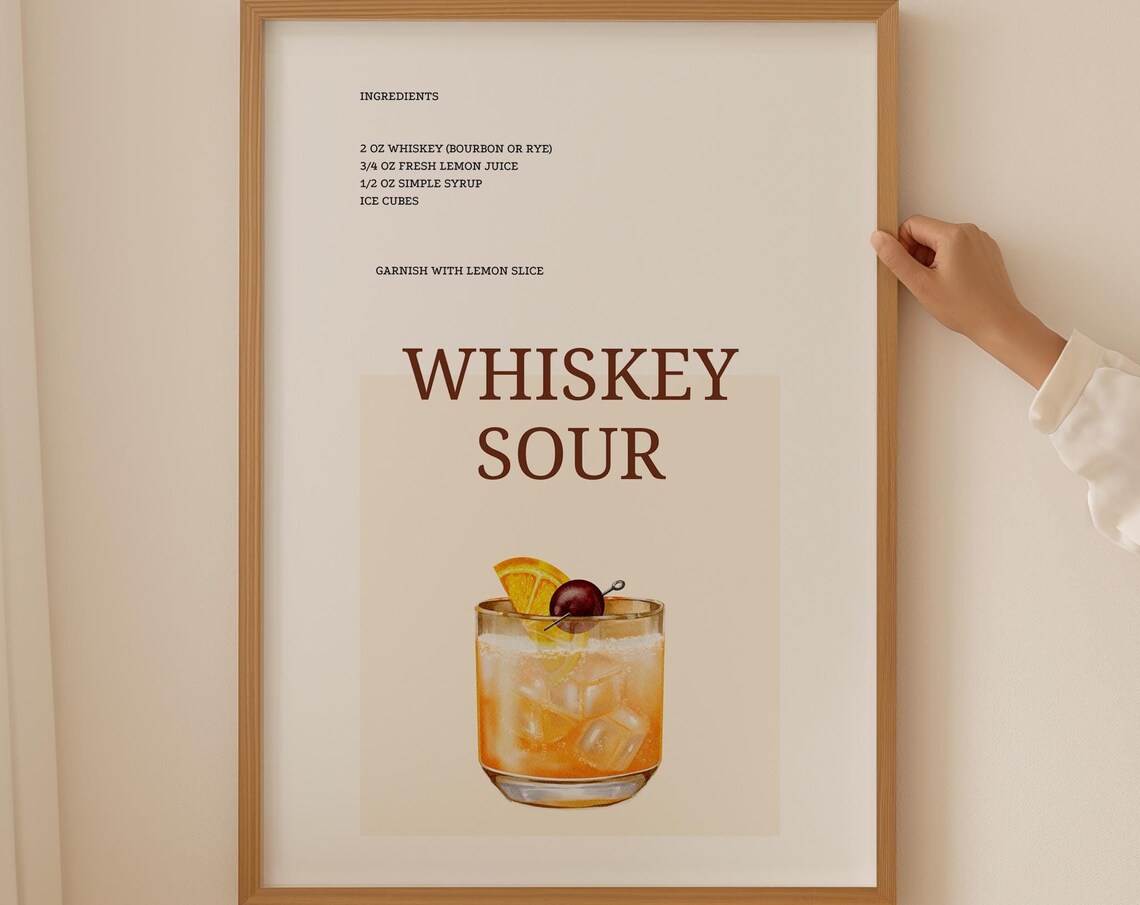 Whiskey Sour Cocktail Recipe Orange Cherry Garnish Bar Art Print