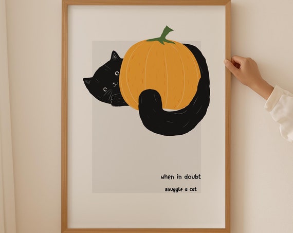 Black Cat Halloween Pumpkin Art Print, Trendy Poster