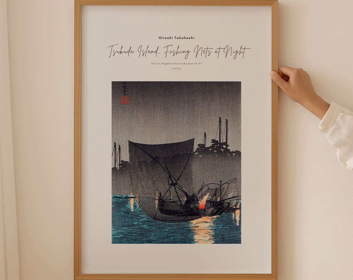 Hiroaki Takahashi Tsukuda Island Fishing Nets Night Woodblock Poster