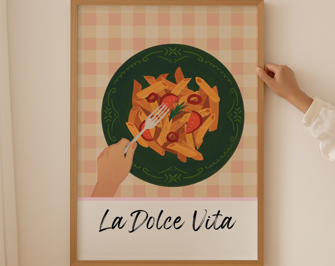 La Dolce Vita Penne Pasta Tomato Gingham Italian Kitchen Art Poster