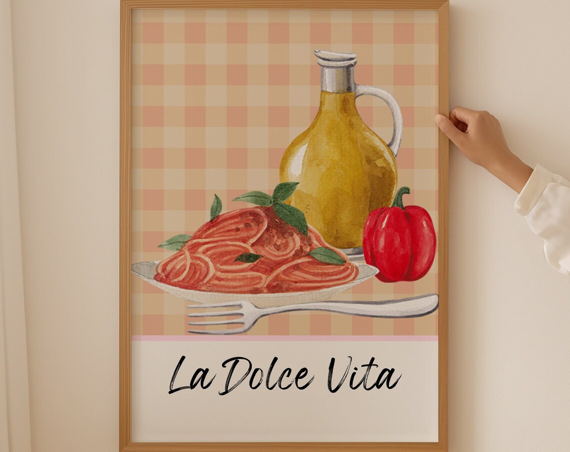 La Dolce Vita Spaghetti Olive Oil Pepper Gingham Kitchen Poster