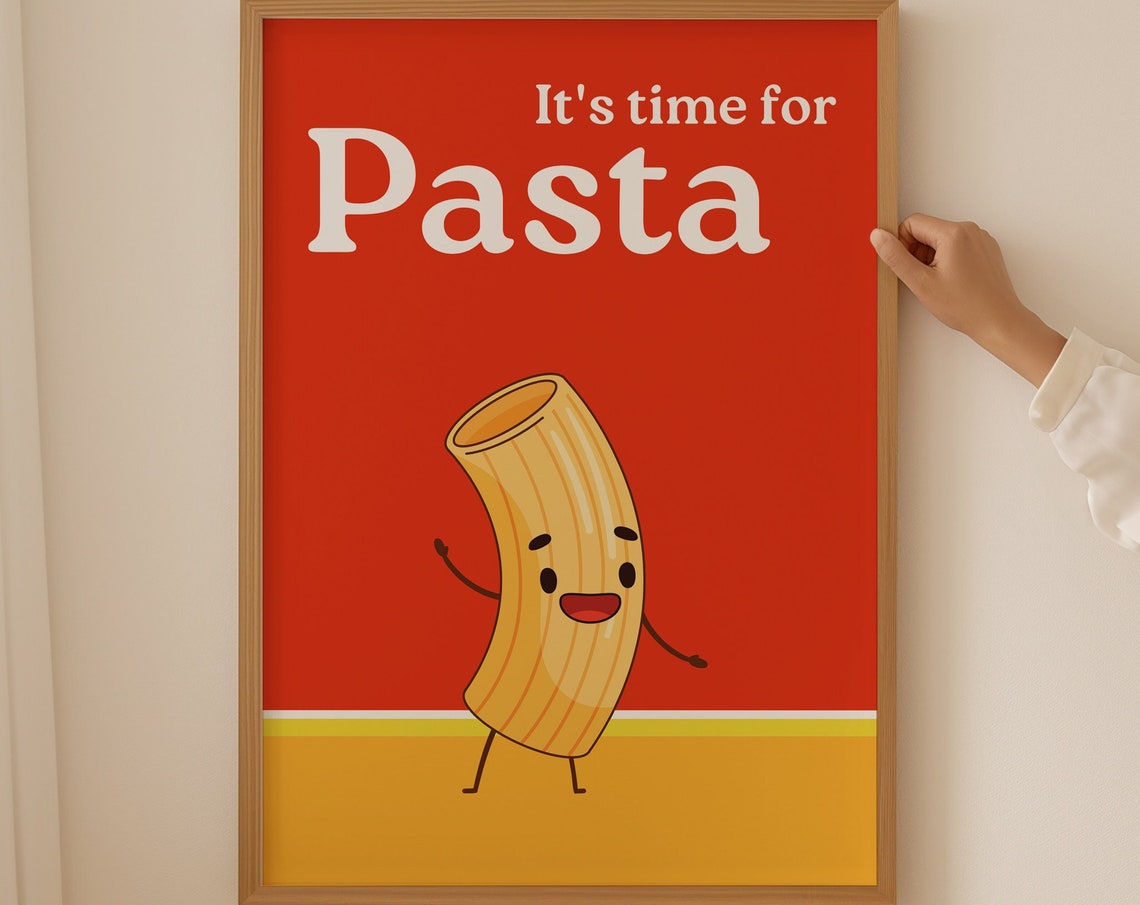 Pasta Time Smiling Macaroni Cartoon Character Cute Kitchen Wall Art