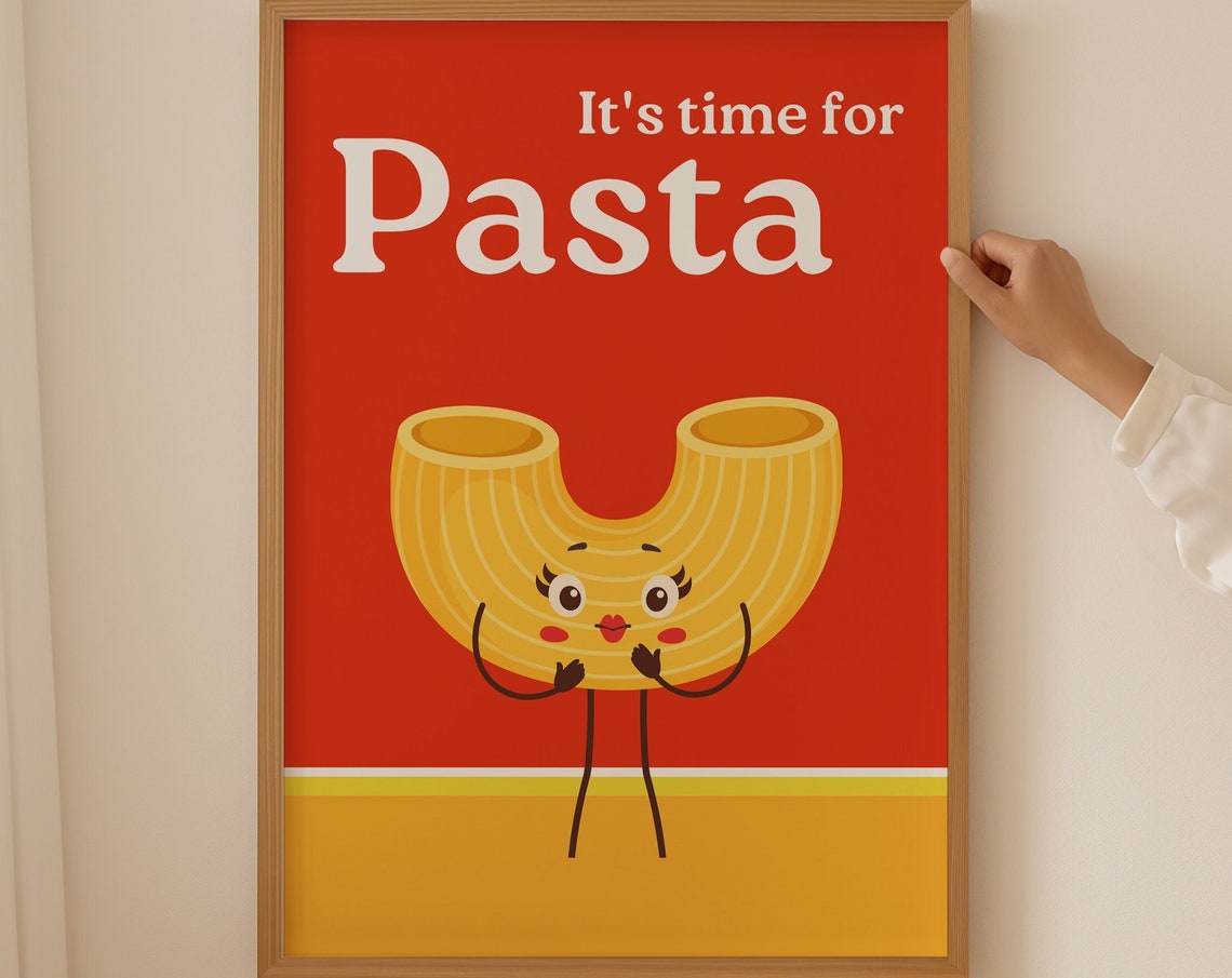 Pasta Time Kissy Face Macaroni Cartoon Cute Red Kitchen Wall Art