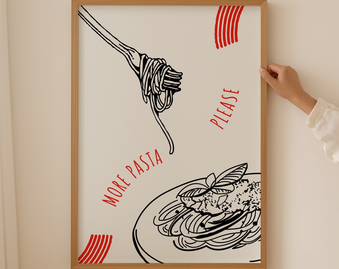 More Pasta Please Fork Twirl Minimalist Black Line Art Kitchen Poster