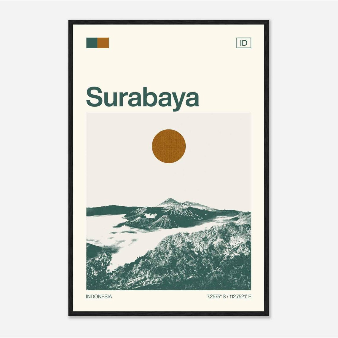 Surabaya Indonesia Volcanic Peaks Clouds Vintage Travel Poster