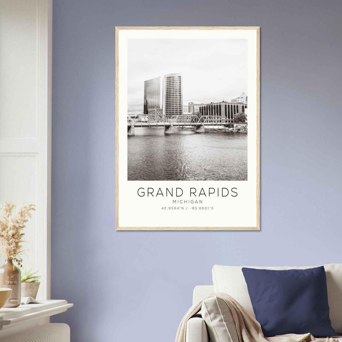 Grand Rapids Michigan River Bridge Skyline Black White Photo Poster - Image 2