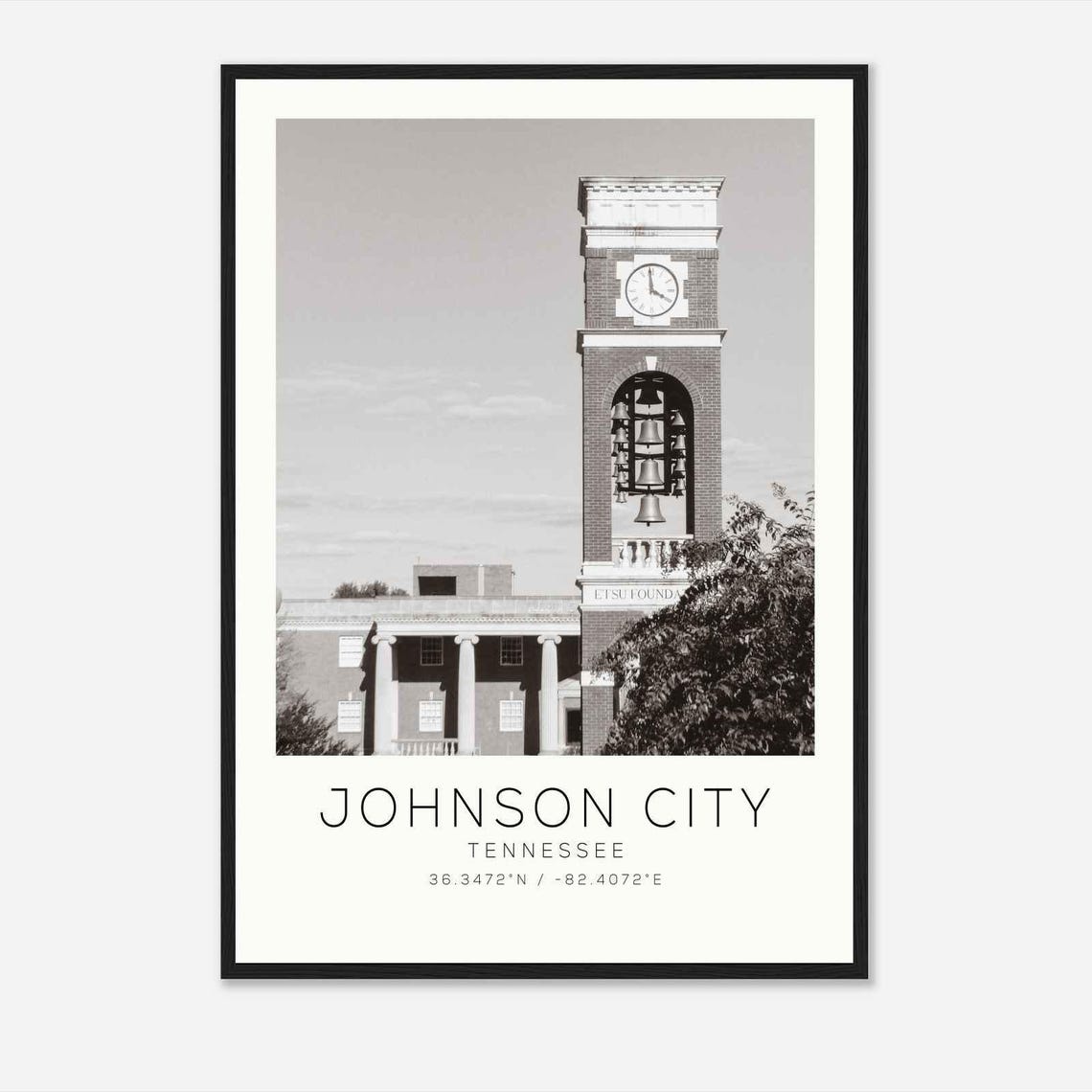 Johnson City Tennessee Historic Bell Tower Black White Photo Poster