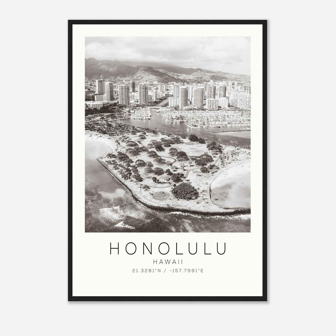 Honolulu Hawaii Marina Harbor Aerial View Black White Travel Poster