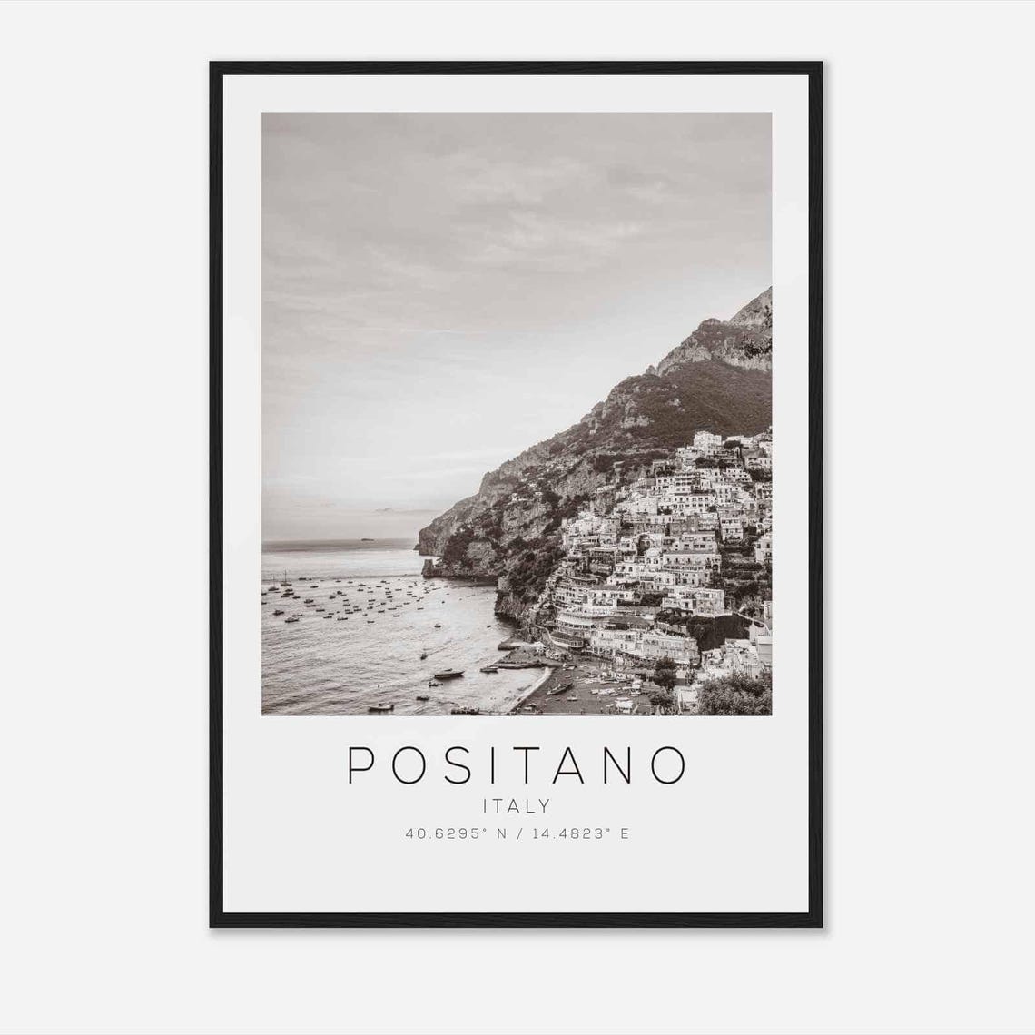 Positano Italy Amalfi Coast Cliffside Town Black and White Poster