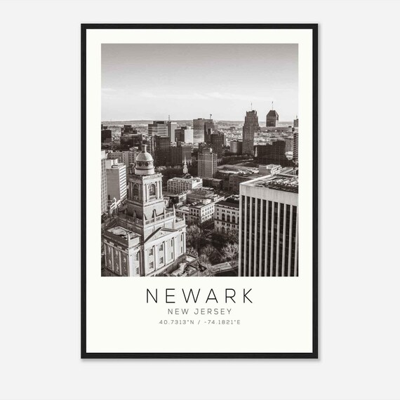 Newark New Jersey Downtown Skyline with Historic Tower Black and White Photo Poster