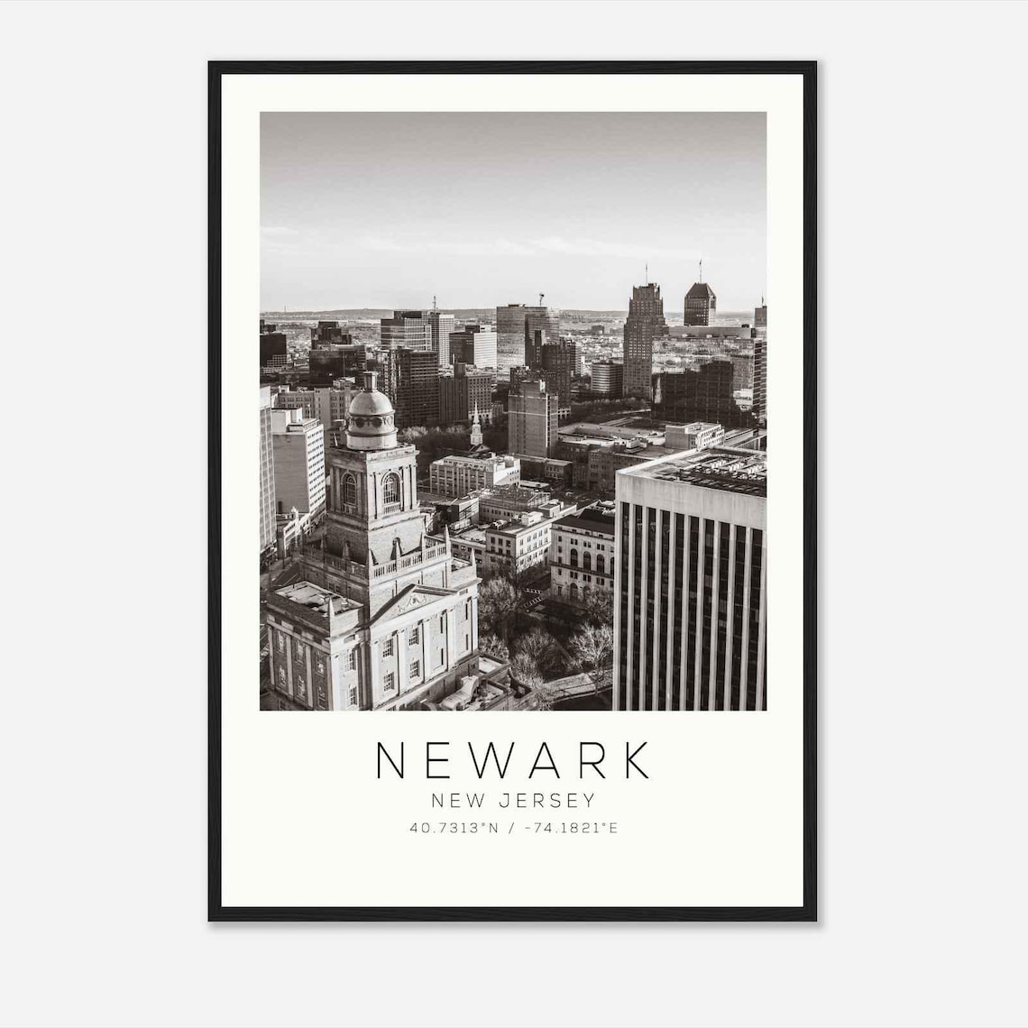 Newark New Jersey Downtown Skyline with Historic Tower Black and White Photo Poster