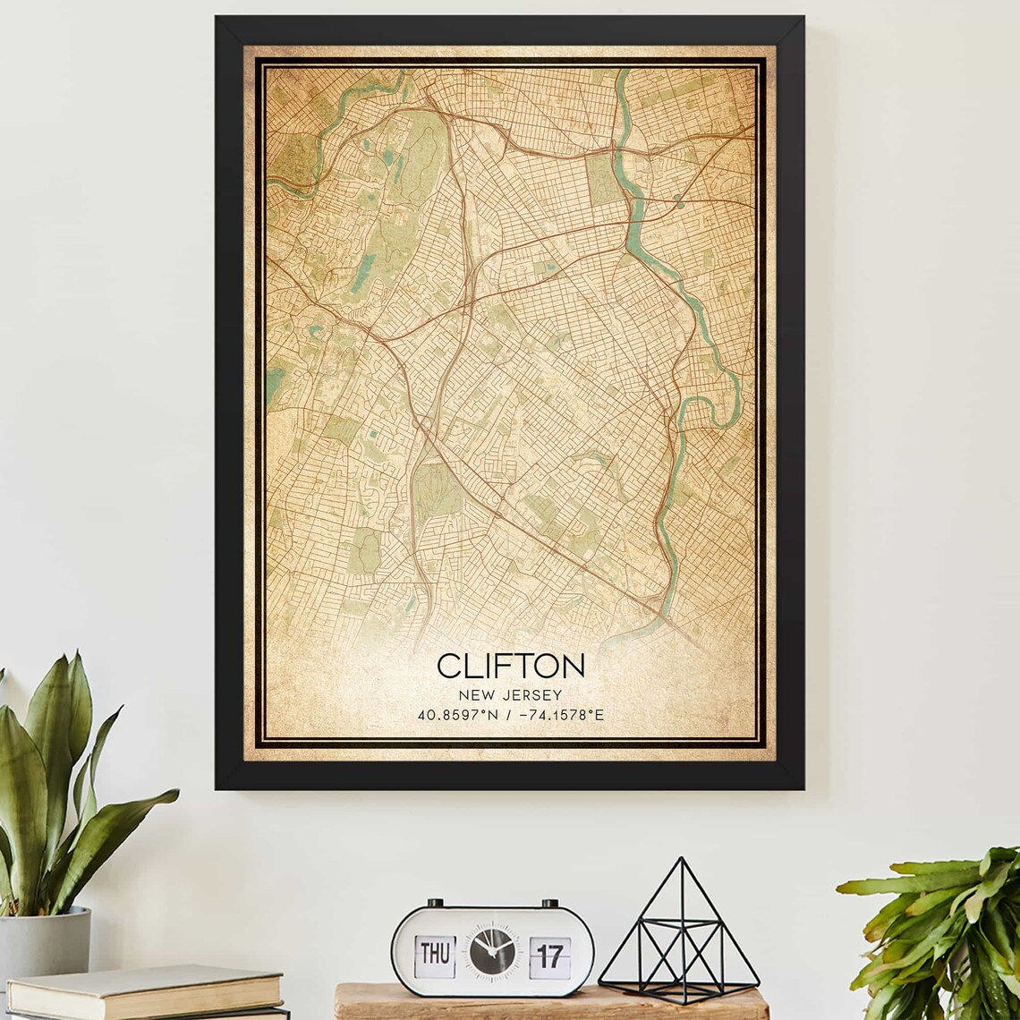 Vintage Clifton New Jersey Map Poster with Town Coordinates in Aged Style