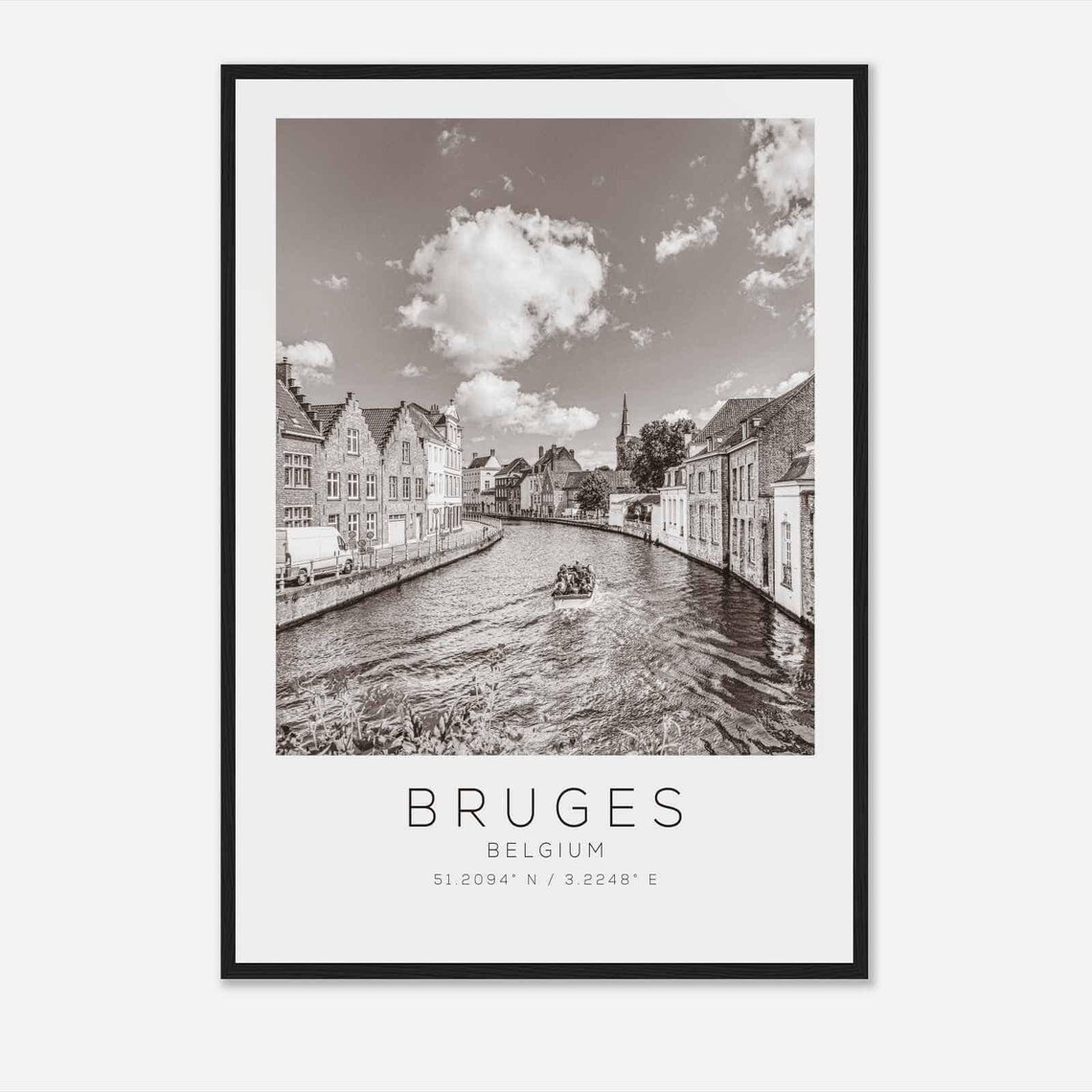 Bruges Belgium Canal Boat Ride Historic Houses Black White Poster