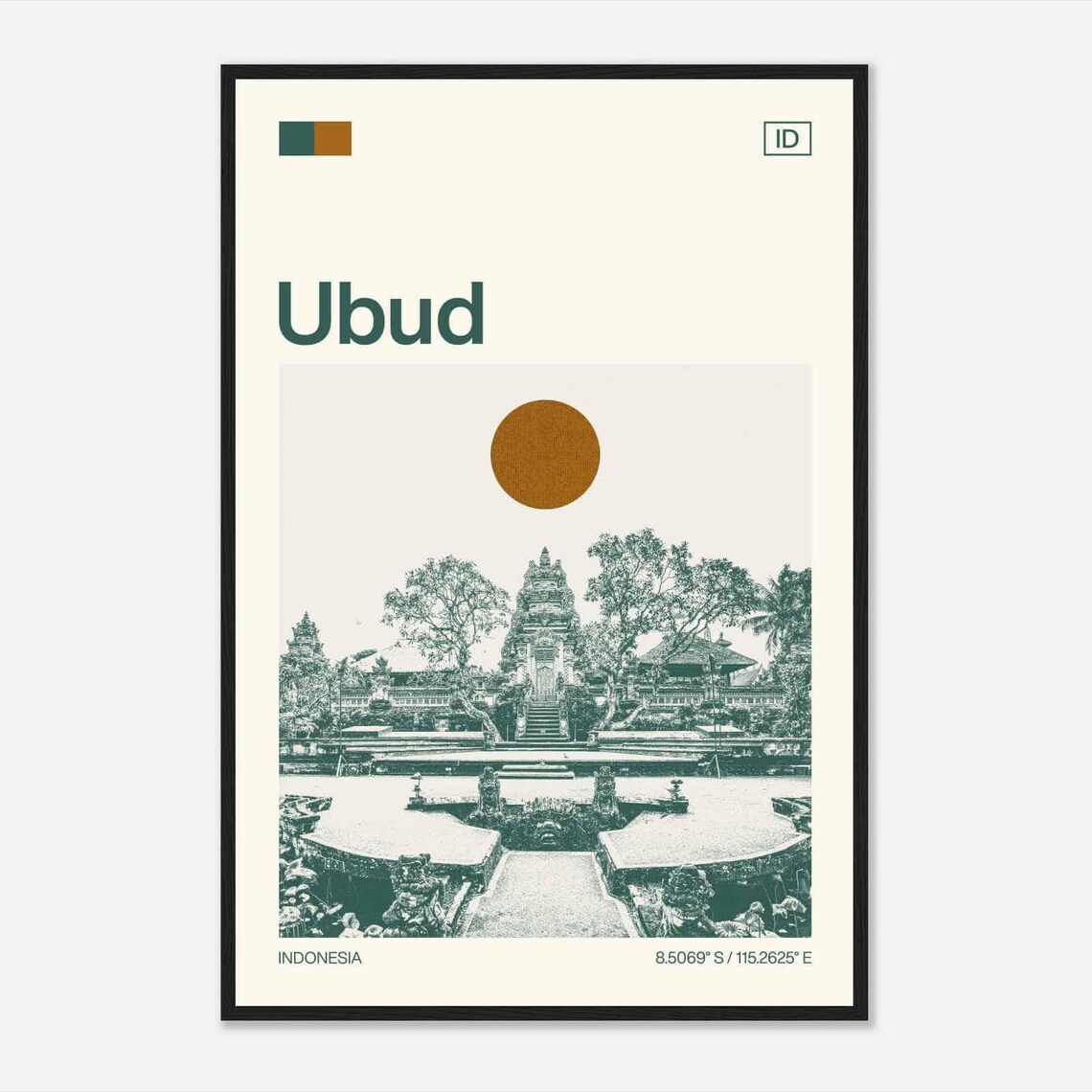 Ubud Indonesia Minimalist Monochrome Temple Garden Travel Poster