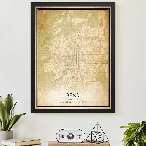 Bend Oregon Vintage City Map Poster with Coordinates Travel Decor