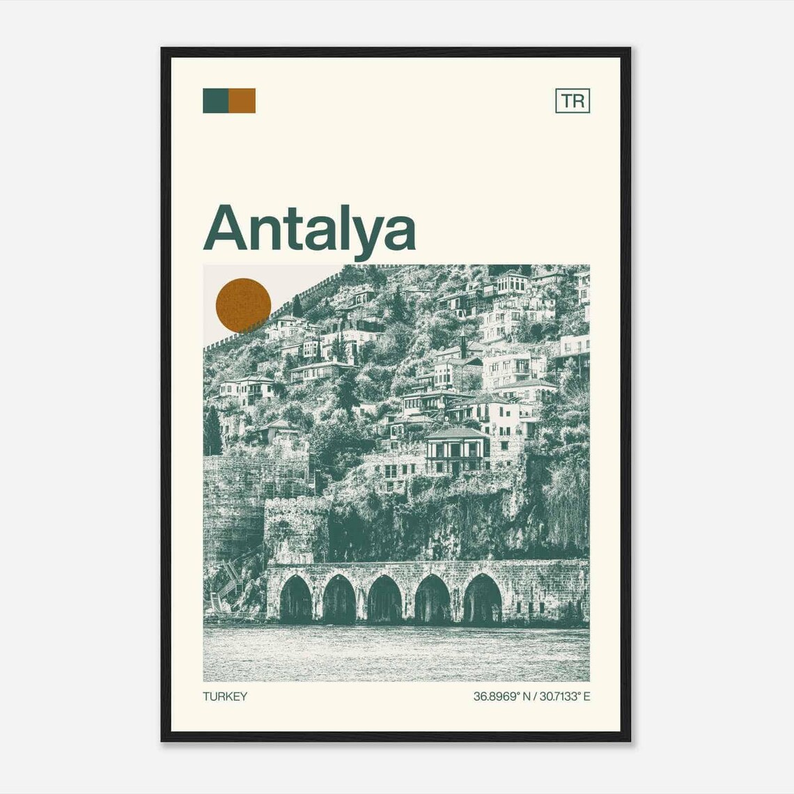 Antalya Turkey Historic Waterfront Arches Vintage Style Travel Poster