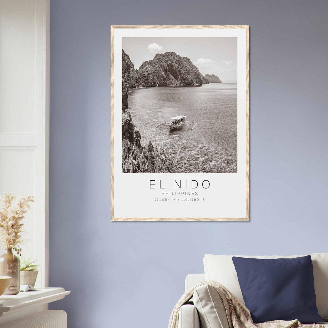 El Nido Philippines Black White Minimalist Lagoon Boat Poster - Image 2