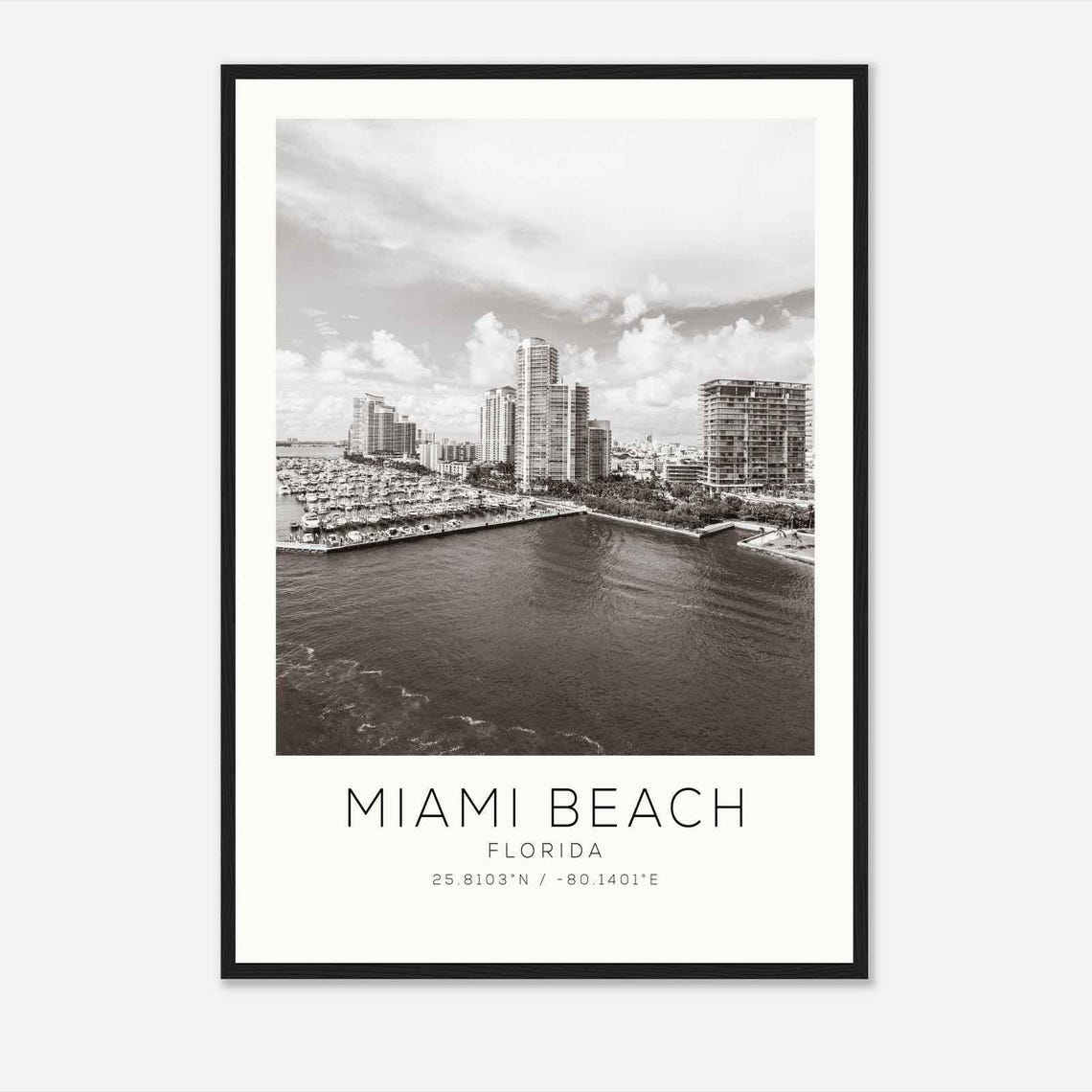 Miami Beach Florida Marina Harbor Skyline Minimalist Travel Poster