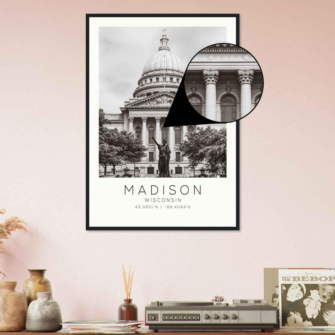 Madison Wisconsin State Capitol Dome Statue Black And White Poster - Image 4