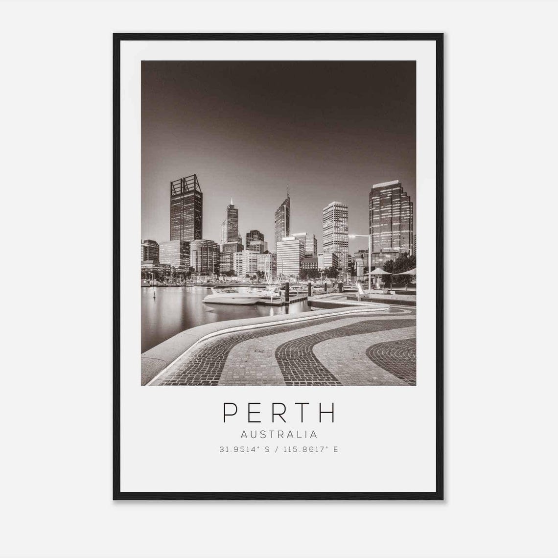 Perth Australia Harbor Night Lights Black White Photo Poster