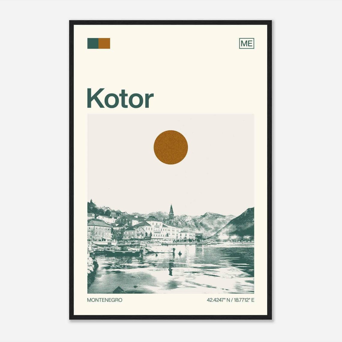 Kotor Montenegro Old Town Waterfront Mountains Duotone Travel Poster