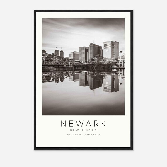 Newark New Jersey Skyline River Reflection Vintage Photo Poster