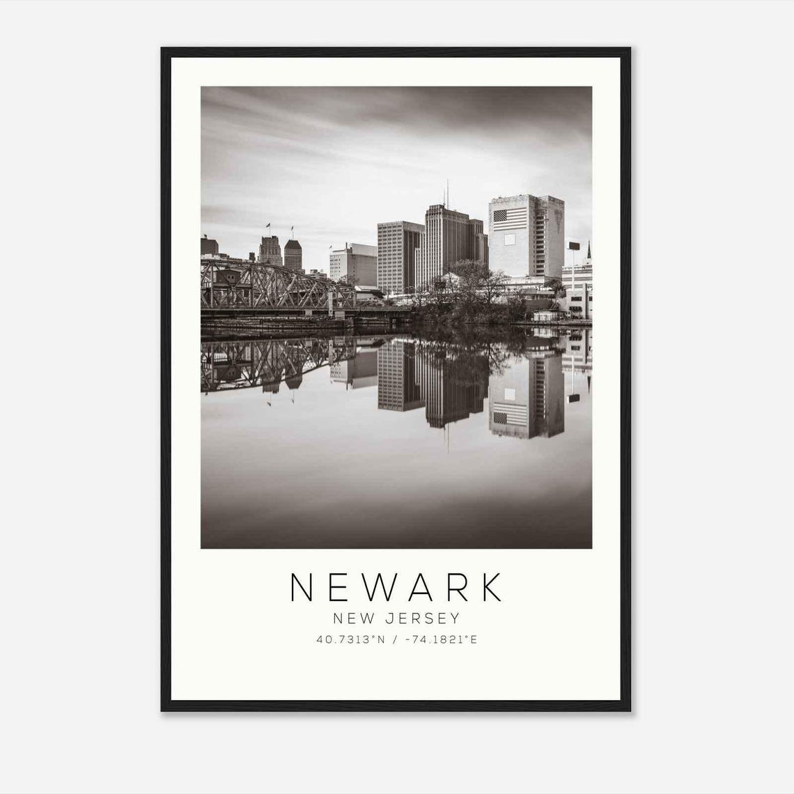 Newark New Jersey Skyline River Reflection Vintage Photo Poster