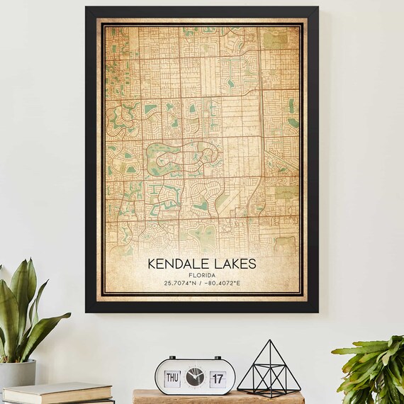 Kendale Lakes Florida Vintage Map Poster Sepia Street Map Wall Decor