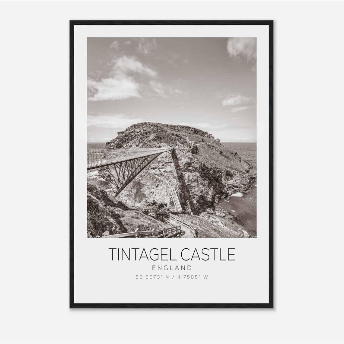 Tintagel Castle England Cliff Footbridge Black and White Photo Poster